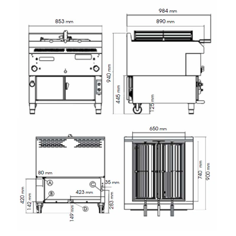 Gril rotatif à gaz inox trois grilles